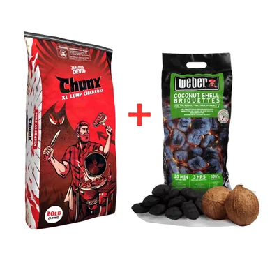 Jealous Devil CHUNX faszén 9 kg és Weber kókusz brikett 8 kg egy csomagban